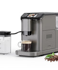 Fully Automatic Espresso Machine With Built In Grinder And Dual Boilers Brews Straight Up Perfect Cappuccino And Latte Drinks Locking In Rich Flavor For Your Daily Grind On Sleek Touch Panel with coffee and milk container.