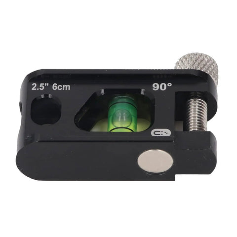 Pro Grade Magnetic Pipe Level Tool For Electrical Conduit Routing Black Die Cast Aluminum with level vial and secure clamp detail.