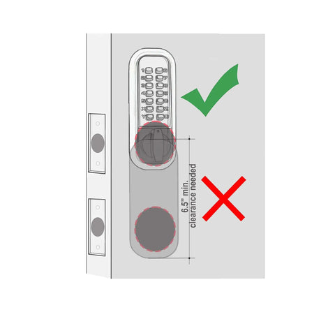 Diagram showing installation clearance for Upgraded 2025 Mechanical Deadbolt Lock With Thumb Turn And Flat Spindle No Battery Needed Keyless Entry That Does Not Require A Passcode When Locking A No Brainer For Rentals And Offices Oil Rubbed Bronze Finish.