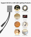 Diagram of Mini Touch Dimmer Switch For Cabinet Lighting With Smooth Brightness Control And On Off Touch Dimming Controller, 12 24V DC, Max 3A, Monochrome LED Strip Compatible, PWM Dimmer For FCOB COB Bars, Silver Finish, showing usage for various LED lighting products like strip lights and recessed lights.