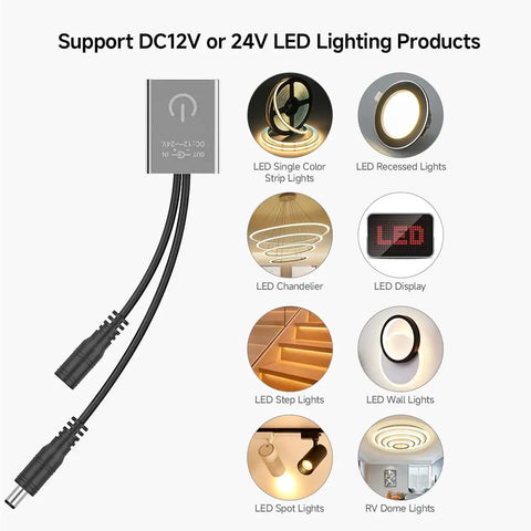 Diagram of Mini Touch Dimmer Switch For Cabinet Lighting With Smooth Brightness Control And On Off Touch Dimming Controller, 12 24V DC, Max 3A, Monochrome LED Strip Compatible, PWM Dimmer For FCOB COB Bars, Silver Finish, showing usage for various LED lighting products like strip lights and recessed lights.