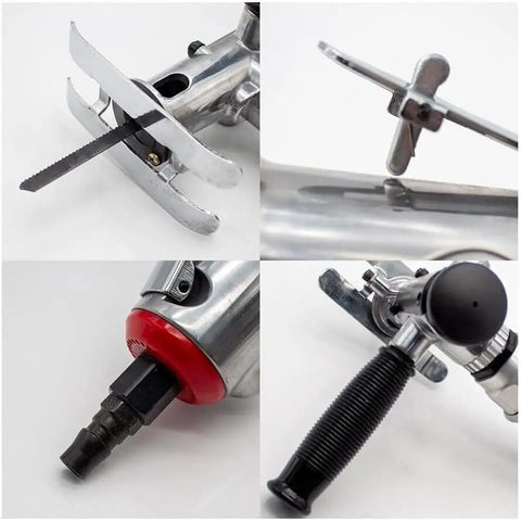 Close-up of Slick Pneumatic Jigsaw Reciprocating Saw showing blade attachment and handle for precise cutting tasks.