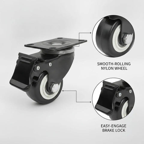 Black Swivel Plate Caster With Brake Lock, Durable Nylon Wheel for furniture and equipment mobility, focus on brake lock