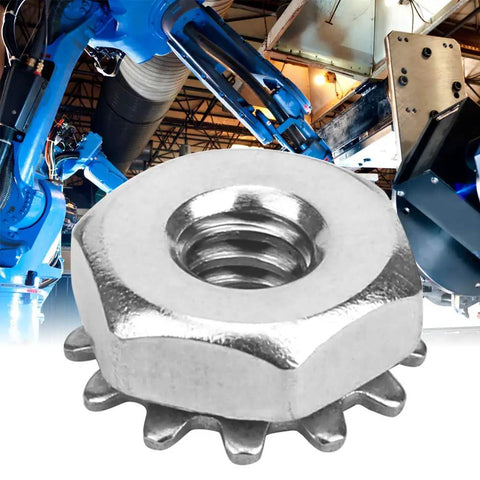 Close-up of Rock Solid 100 Steel Toothed Nut for 6 32 Thread Locking Hardware used in industrial robots and heavy machinery.