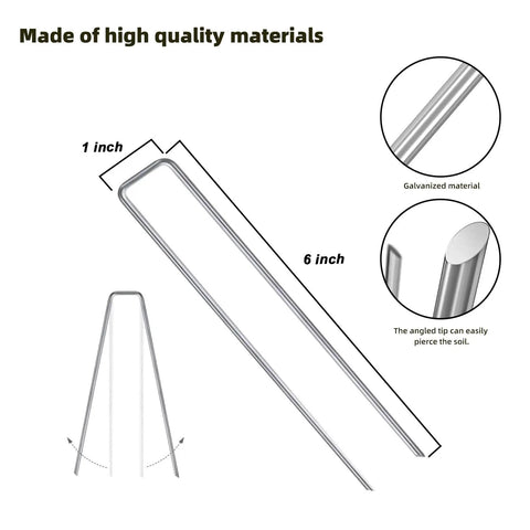 Diagram of 24 Pack Sturdy Garden Landscape Staples 6 Inch Galvanized Steel Sod Pins Anti Rust Stakes with measurements and tips