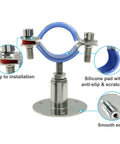 Front view of Two Pack Stainless Steel Pipe Mount Brackets For Ceiling Or Wall Fits 1.5 Inch Outer Diameter Pipes Adjustable Height From 30 To 50 mm Heavy Duty 304 Grade Clamp With Screws Easy Install Pipe Support System showing features like silicone pad and smooth edge.