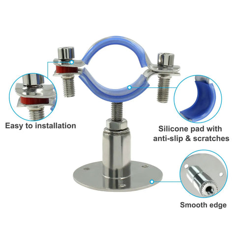 Front view of Two Pack Stainless Steel Pipe Mount Brackets For Ceiling Or Wall Fits 1.5 Inch Outer Diameter Pipes Adjustable Height From 30 To 50 mm Heavy Duty 304 Grade Clamp With Screws Easy Install Pipe Support System showing features like silicone pad and smooth edge.