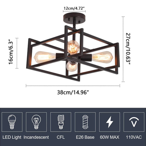 Industrial Black 4 Light Dope Semi Flush Mount Ceiling Light Fixture With E26 Socket For Kitchen Island Hallway Dining Room Rustic Vintage Farmhouse Chandelier Modern Retro, dimensions shown.