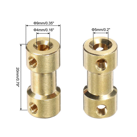 Brass Shaft Coupling 4mm to 5mm 2 Pack With Screws and Hex Wrench, showing connectors with measurements