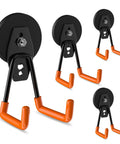 Heavy Duty Magnetic Hooks 4 Pack No Drill Garage Organization Hangers for hanging tools shown in black and orange, front view