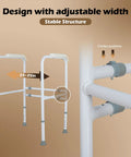 Foldable Toilet Safety Rails With Adjustable Stability Frame Built Damn Tough For Sit And Stand Mobility Real Deal Secure Support 300 Pound Weight Limit Hassle Free Universal Fit showing adjustable width features.