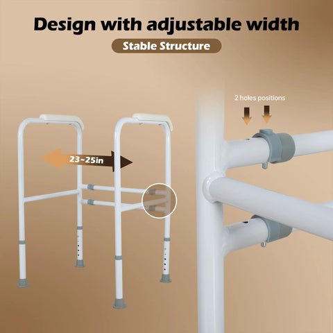 Foldable Toilet Safety Rails With Adjustable Stability Frame Built Damn Tough For Sit And Stand Mobility Real Deal Secure Support 300 Pound Weight Limit Hassle Free Universal Fit showing adjustable width features.