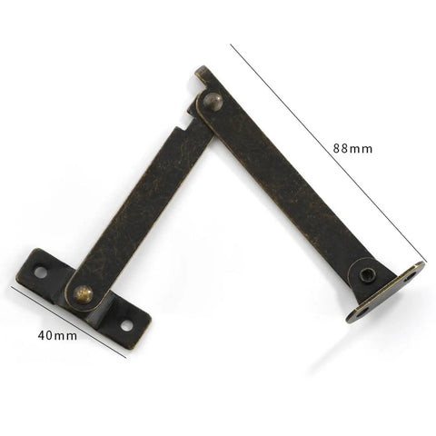 2 Pack Foldable Lid Support Hinges for Cabinets and Chests, 88mm arm angle, antique bronze finish, metal bracket