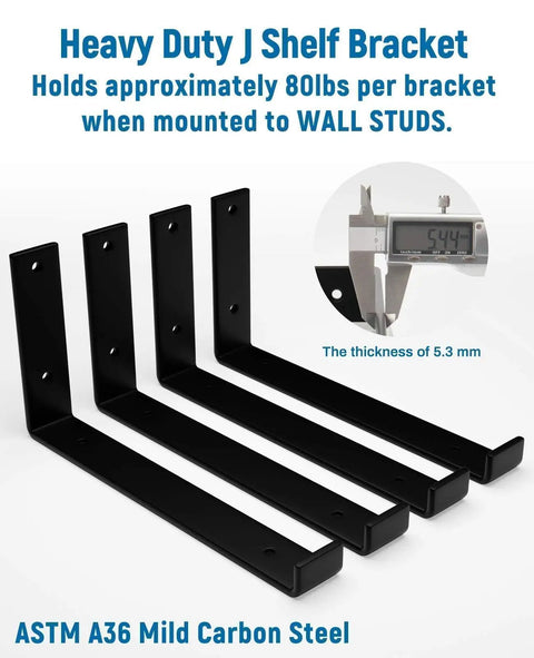 Heavy Duty 12 Inch Shelf Brackets Set Of 4 For DIY Floating Shelves Black Powder Coated Wall Shelf Supports with thickness detail