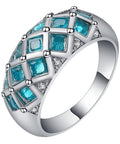 Womens Silver Plated Promise Ring With Blue Asscher Cubic Zirconia Grid Pave Design Size 10 Comfort Fit Solid Copper Band, detailed view.