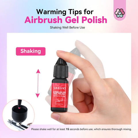 Hand holding a bottle of Airbrush Gel Nail Polish, shaking instructions shown, part of the Airbrush Gel Nail Polish Set With 12 Vitality Colors Hema Free Dilution Free Non Acetone Formula Fine Mist For Easy Spray French And Ombre Nail Art Odorless Safe Nail Kit For Salon Or At Home.