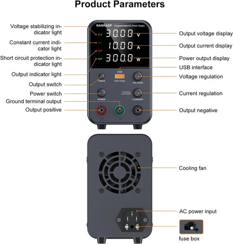 Variable Bench Power Supply With Precision Encoder Knob And Output Enable Disable Button USB Quick Charge Adjustable Voltage And Current Short Circuit Protection Compact Black Boss Grade Unit front and back view