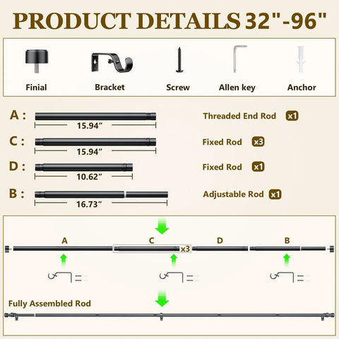 Product details for Adjustable Curtain Rod Set For Windows 32 To 96 Inches 1 Inch Diameter Black Rod With Brackets Easy Install Six Segment Screw System For Quick No Fuss Mounting And Flexible Lengths, showing components and measurements.