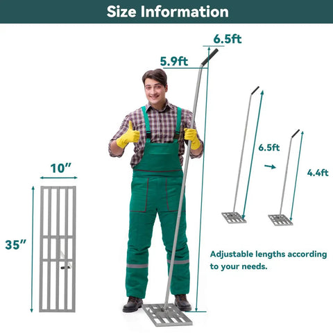 Person holding Heavy Duty Lawn Leveling Rake 35 Inch With Stainless Steel Build And Full Welded Design Pro Grade Yard Care Tool for size comparison