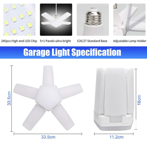 Ultra Bright LED Garage Lights 4 Pack With 100W Power, 10000 Lumens, 6500K Daylight, E26 E27 Ceiling Mount, 4 Plus 1 Adjustable Panels