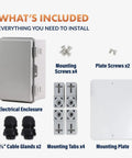 Outdoor Weatherproof Junction Box With Hinged Cover In Lightweight Polycarbonate NHWE M, NEMA 4X Rated Electrical Cabinet For Outdoor Wiring, Plugs, And Cables, Includes Cable Glands, Mounting Plate, UV And Rain Shield.