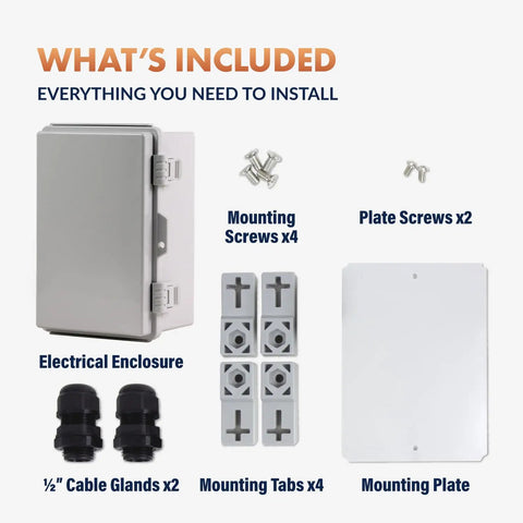 Outdoor Weatherproof Junction Box With Hinged Cover In Lightweight Polycarbonate NHWE M, NEMA 4X Rated Electrical Cabinet For Outdoor Wiring, Plugs, And Cables, Includes Cable Glands, Mounting Plate, UV And Rain Shield.