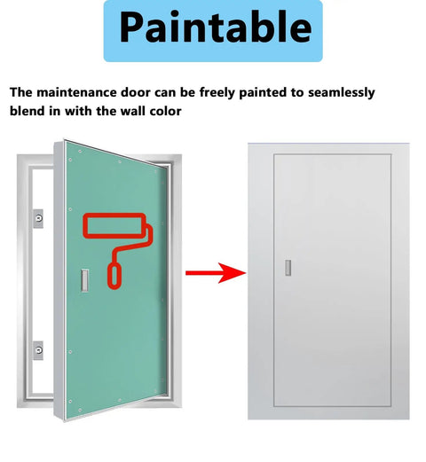 Premium Heavy Duty Aluminum Drywall Access Panel With Paintable Flap shown with a paint roller for seamless blending with walls.