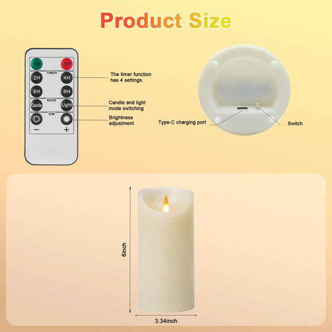 Rechargeable Flameless Candles 3 Pack With Extra Bright Ivory LED Pillars and 10 Key Remote, product size illustration