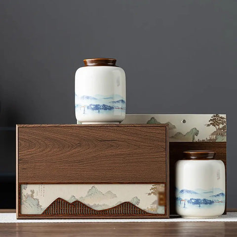 Rustic Sealed Ceramic Tea Jar Awesome For Your Pantry Stash And Coffee Bean Storage Top Shelf with scenic design.