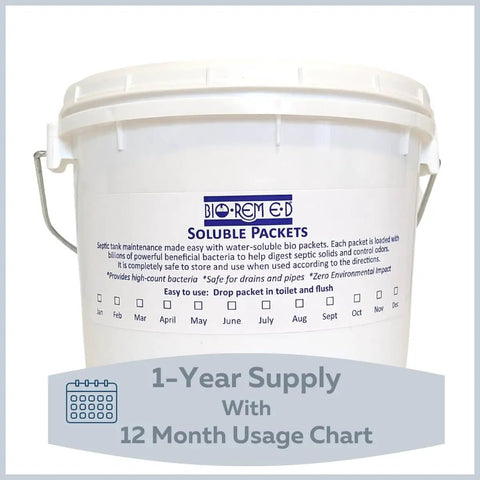 Heavy Duty Septic Tank Treatment With Flushable Live Bacteria Packets For Preventing Backups, Dissolvable Sewer And Drain Line Solution, 12 Pack, 1 Year Supply bucket with 12 month usage chart