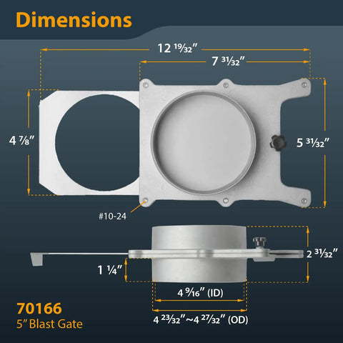 Dimensions of Badass 5 Inch Aluminum Blast Gate Flat Out Built For Heavy Shop Dust Collection Systems displayed with measurements.