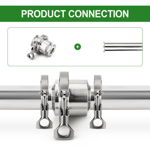 304 stainless steel sanitary check valve with 2-inch tri-clamp ends and ferrule flange on a stainless pipe