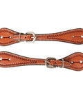 Tooled Edge Spur Straps For Ladies With White Accent Stitching Adjustable Leather Straps With Stainless Steel Buckle