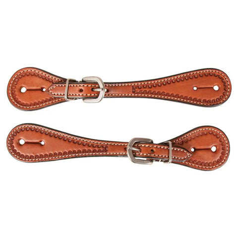 Tooled Edge Spur Straps For Ladies With White Accent Stitching Adjustable Leather Straps With Stainless Steel Buckle