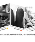 Image depicting shoe clutter, damaged socks, and humor about unpleasant smells related to footwear.