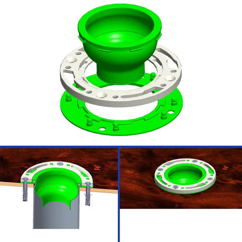 Toilet Flange Repair Kit For 4 Inch Pipes, Closet Flange Replacement With Comprehensive Seal To Stop Sewer Gas Leaks, Fits 4 Inch Waste Lines Or Drain Pipe, Easy DIY Install shown in three perspectives.