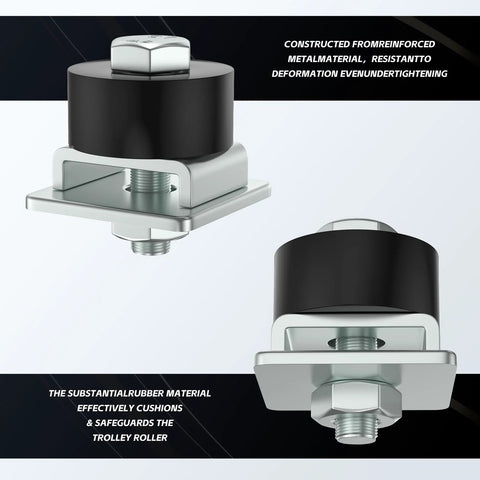Patented Trolley Roller Limit for Unistrut Strut Channel with metal and rubber components, close-up view