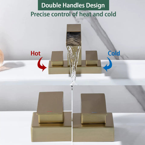 4 Inch Centerset Bathroom Waterfall Faucet With Two Handles For 3-Hole Lavatory Vanity, Brushed Gold Finish, water flow detail