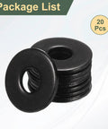 Premium Grade 304 Stainless Steel M6 Flat Washers In Matte Black With 18mm Outer Diameter And Precise 6mm Inner Diameter stacked in a package, 20 pcs.