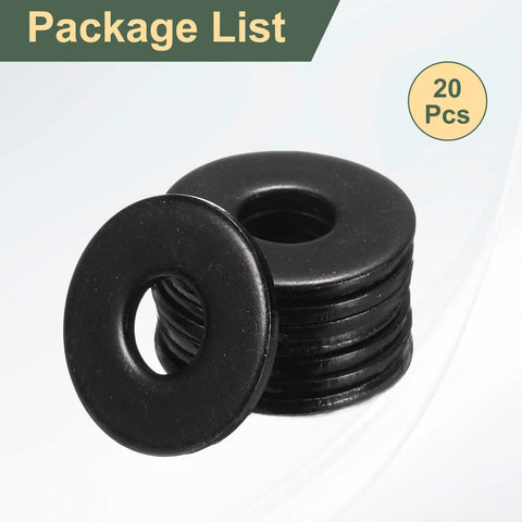 Premium Grade 304 Stainless Steel M6 Flat Washers In Matte Black With 18mm Outer Diameter And Precise 6mm Inner Diameter stacked in a package, 20 pcs.