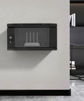 Legit Heavy Duty Wall Mount Network Server Cabinet For Organizing Tech Gear Including Switches Routers And Patch Panels With Solid Steel Frame In A Sleek 6U Rack Box mounted on a wall.