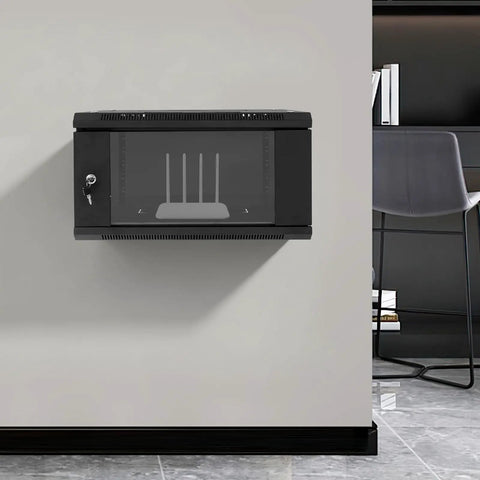 Legit Heavy Duty Wall Mount Network Server Cabinet For Organizing Tech Gear Including Switches Routers And Patch Panels With Solid Steel Frame In A Sleek 6U Rack Box mounted on a wall.