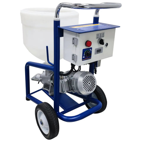 Badass Heavy Duty Putty Cement Grouting Mortar Spray Machine With 28L Hopper And 220V Power handle on a mobile frame, showcasing the motor.