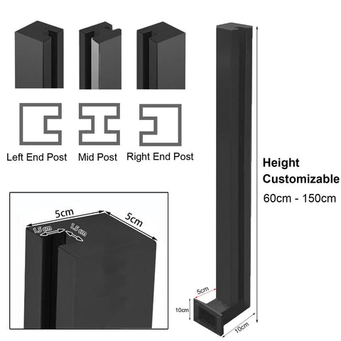 Slick Black Deck Railing Post System With Tight Fit Corner Pillars And Durable Infill Panels For Wall Mounted Balcony Guardrails Rig Up Your Porch With Badass Safety Rails That Are Super Fly And Built Tough. Image showing customizable height posts and corner pillar dimensions.