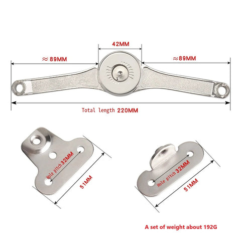 1 pair heavy-duty lid stay hinges with mounting plates, metal folding cabinet supports, 220mm total length, 180° opening.