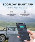 Hand holding smartphone with EcoFlow Smart App for On The Go Portable Solar Generator 120V 3.6kWh Delta Pro With 400W Solar Panel