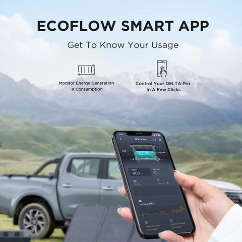 Hand holding smartphone with EcoFlow Smart App for On The Go Portable Solar Generator 120V 3.6kWh Delta Pro With 400W Solar Panel