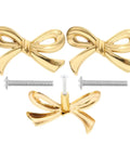 Three brass bowknot drawer pulls set with screws, vintage style furniture handles for dresser, cupboard, and cabinet hardware.