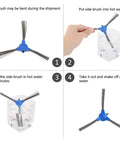 Instructional steps for All In One RoboVac Replacement Parts Kit showing side brush repair with hot water before use.