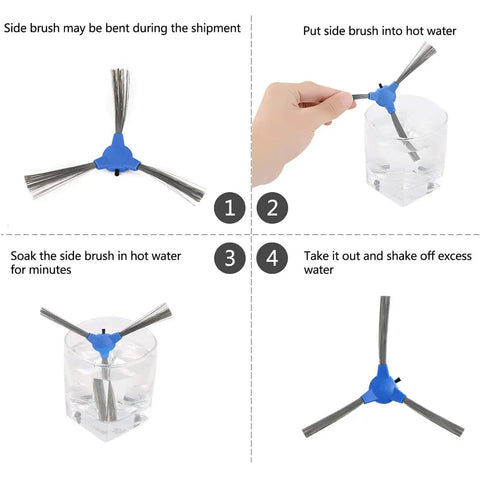 Instructional steps for All In One RoboVac Replacement Parts Kit showing side brush repair with hot water before use.